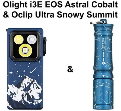 Olight Oclip Ultra Snowy Summit Clip-On Light and I3E EOS Astral Cobalt Light