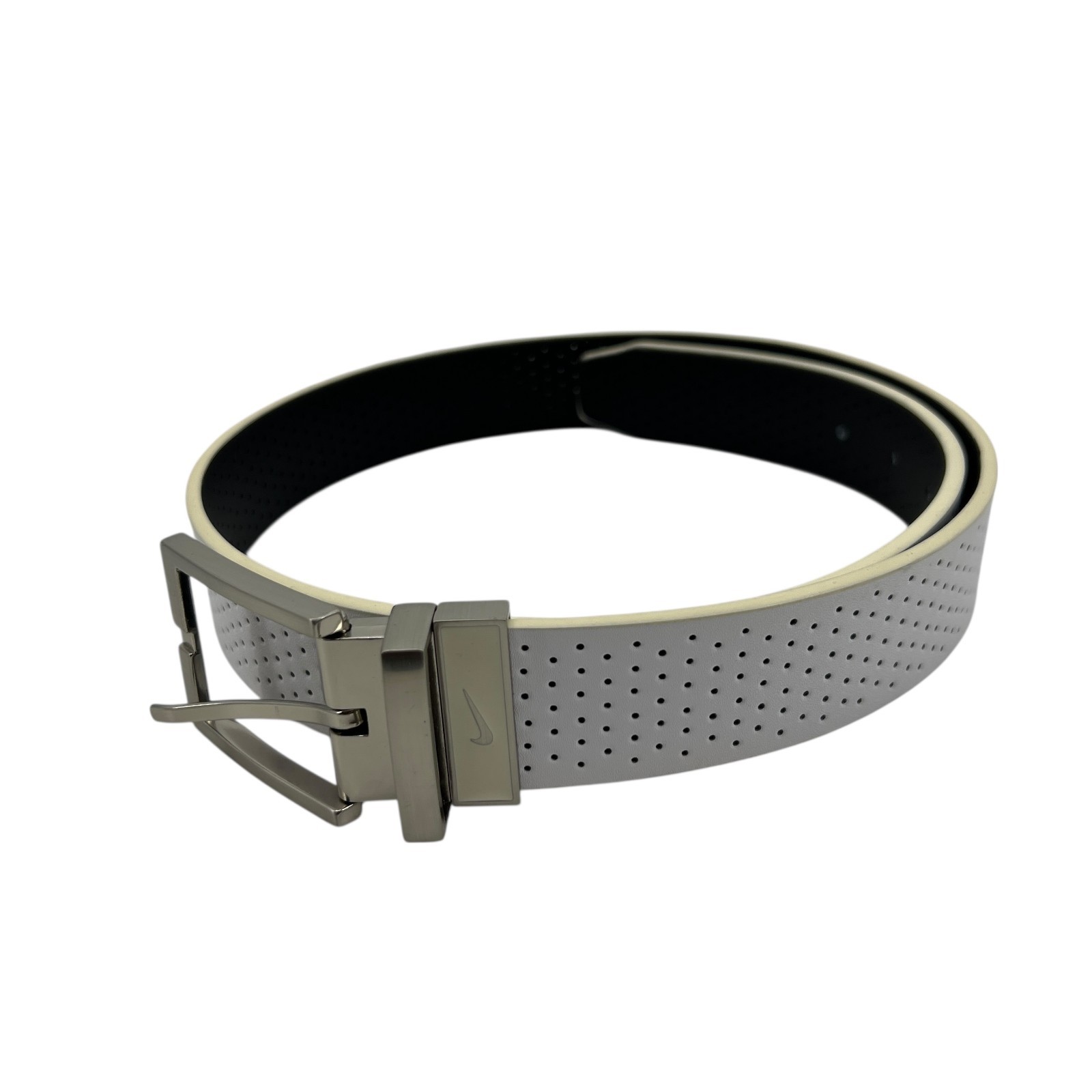 Belt Mens 32 White Genuine Leather Core Perforated Reversible Swoosh