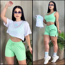 alo Women's Mint Green Sweatsuit Set T-Shirt Sports Bra  Shorts Drawstring