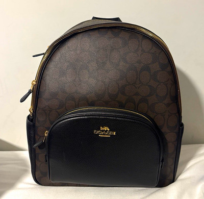 Coach Signature Monogram Brown/Black Backpack Front Zip, Adjustable, Gold