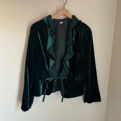 Tapemeasure Whimsigoth Emerald Green Velvet Ruffle Tie Front Jacket Size 12