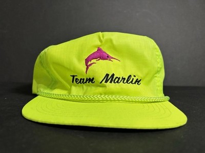 RARE Vintage AmaPro Team Marlin 80 s NEON Yellow Pink Fishing Hat Nylon Rope Cap