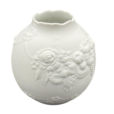 Kaiser Porcelain Bisque Embossed Floral Vase 5'' White Vintage Germany M Frey
