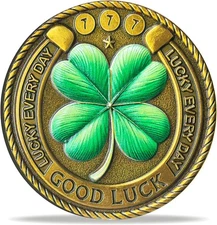 Good Luck Coin with Four Leaf Clover & Elephant – Motivational Lucky Charm for