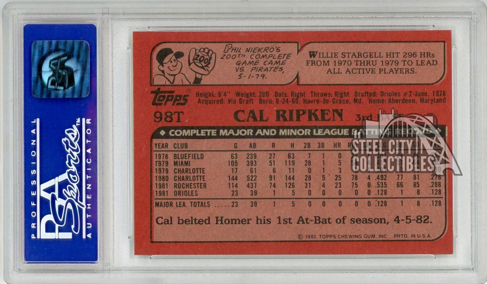 Cal Ripken Jr 1982 Topps Traded Baseball Rookie Card #98T PSA 9 view 2