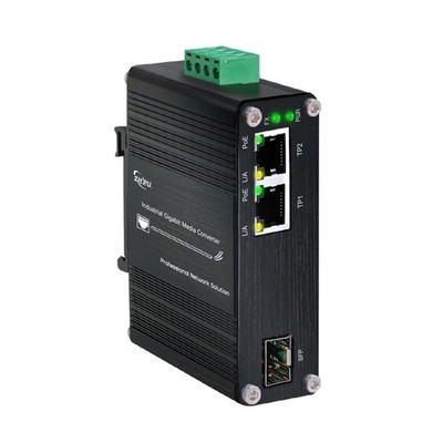 Mini Industrial 2 Ports Gigabit Fiber Media Converter 2RJ45+1SFP 30W, black 