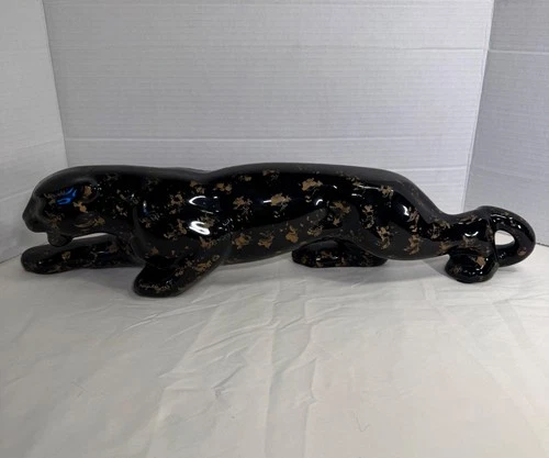 Black and Gold Spotted MCM Vintage Haeger Pottery Style Ceramic Panther - 21"