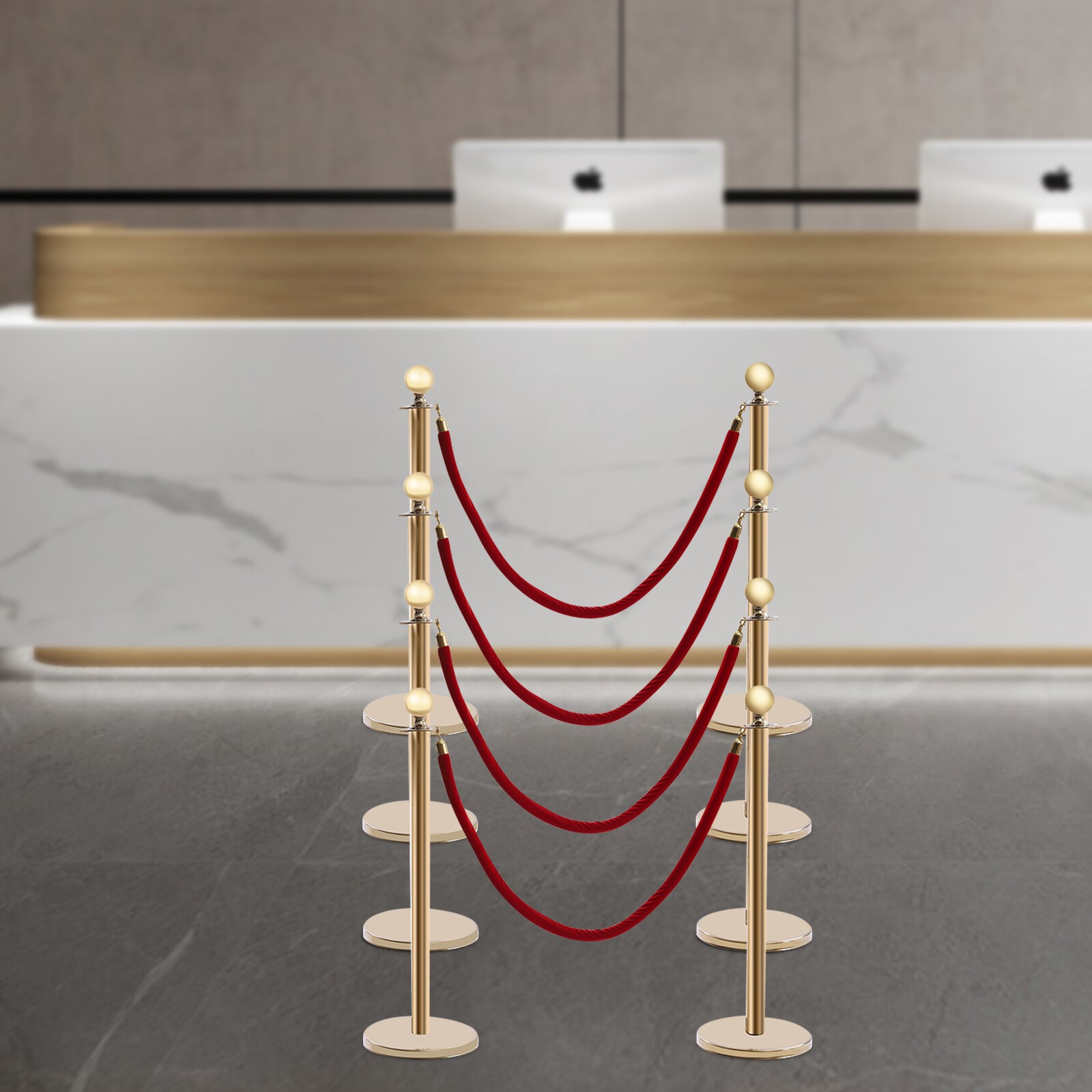 Red Crowd Control Post 8 PCS Crowd Control Stanchion Gold Posts Set with Red Velvet Rope Queue ...