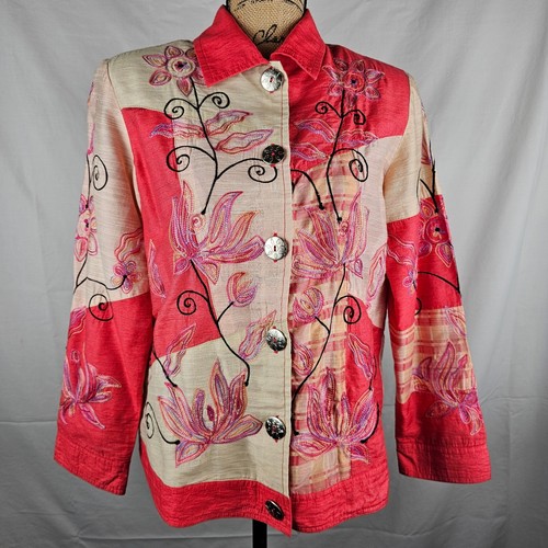 Indigo Moon Embroidered Floral Button Down Jacket - Womens XS - Pink Beige - Picture 4 of 13