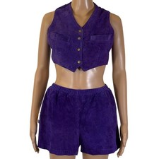 Wilsons Leather Vintage Purple Suede 2 Piece Set Cropped Vest Shorts Small