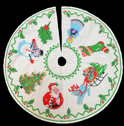 Sweet 1950s Vintage Christmas Mid Century MCM Kitschy Tree Skirt Deer Santa