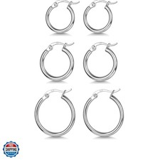 3 Pairs 925 Sterling Silver Hoop Earrings  Small White Gold Plated Hoop Earr...