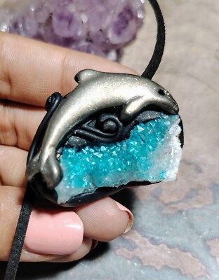 Gold Dolphin Necklace for Women. Aqua Aura Quartz Crystal Pendant Jewelry Gifts