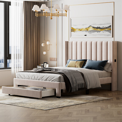 Queen Size Velvet Upholstered Platform Bed Frame with Drawer Beige/Pink/Gray US