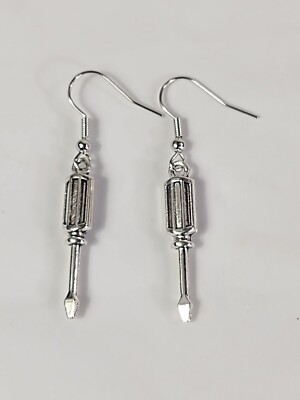 Drop Dangle Pierced Earrings Silver Tone Flat Head Screwdriver Costume Jewelry 
