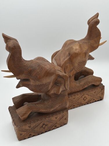 Vintage Pair of Handcarved Wooden Elephant Bookends - Foto 1 di 7