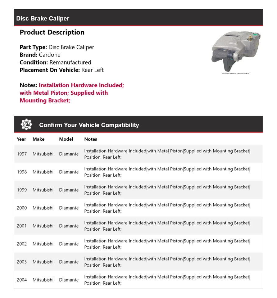 For 1997-2004 Mitsubishi Diamante Disc Brake Caliper Rear Left Cardone 1998 1999 - Image 2 of 4