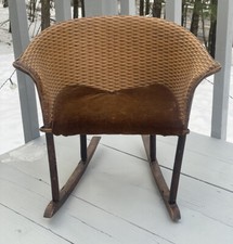 Antique Victorian Child's 19th C. Velvet Upholstered Wicker Back Rocking Chair