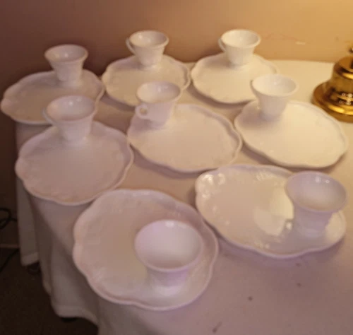16 Piece Vintage White Milk Glass Sandwich Plates w/Cups Embossed in Grapes