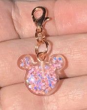 Acrylic Pink Glittery Mickey Mouse Charm Zipper Pull  Keychain Add On Clip 