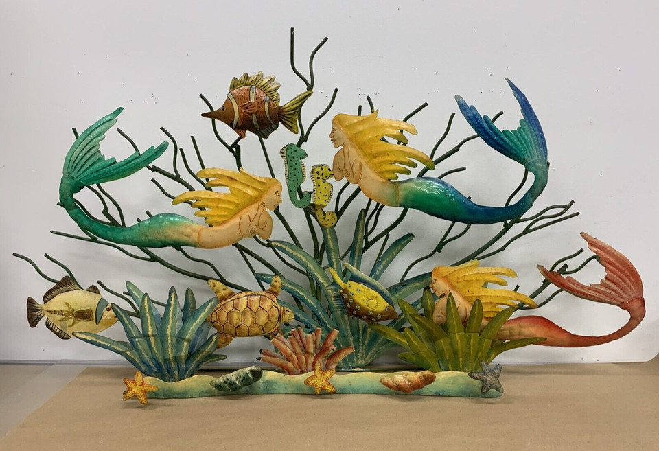 Vintage 27x45x6 Handmade Primitive Nautical Mermaids Fish Turtles Metal Wall Art