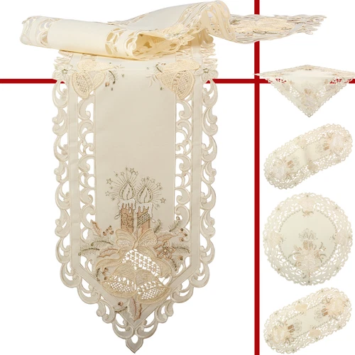 Christmas Tablecloth Table runners Doily Placemats Cream Gold Candle Embroidery