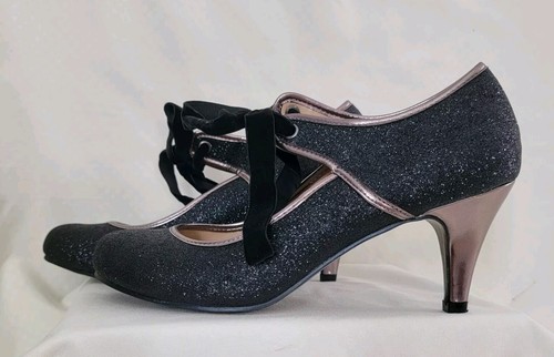 Bettie Page Shoes By Ellie Black Glitter Low Heel Pumps Size 9 Velvet Vamp Ties - Picture 16 of 20