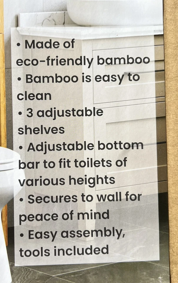 3 Tier Over Toilet Bamboo Organizer Adjustable 24.8 L x 10.2 W x 64.2 H inches - Image 3 of 4