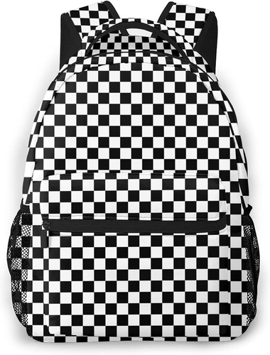 Black White Race Checkered Backpack Laptop Backpack Hiking Daypack Shoulder - Picture 7 of 12