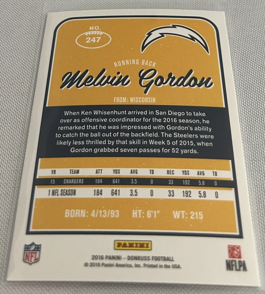 2016 Panini Donruss Football Melvin Gordon Los Angeles Chargers base card #247 - Image 2 of 2