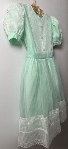 Vtg Mint Green Organza Girls Dress 6 NWOT Lace Tulle Puff Sleeve Wedding Party - Picture 8 of 14