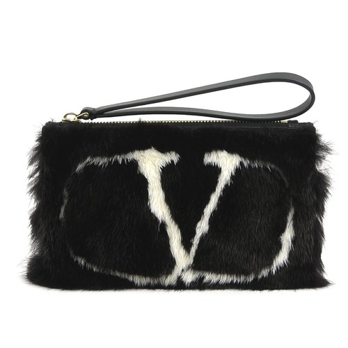 Auth Valentino Garavani Clutch Bag Pouch Black White Fur/Leather - e59155g - Picture 1 of 11