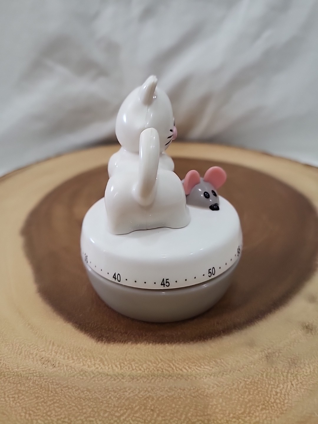 ADORABLE JOIE MEOW CAT & MOUSE 60 MINUTE KITCHEN TIMER Cute Kitsch Pink White 3"