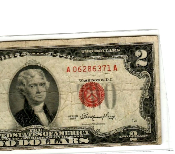 $2 "UPSHIFT/MISCUT ERROR" (RED SEAL) $2 1953     (MISCUT ALL 4 SIDES)  !!!!!!! - Image 2 of 3