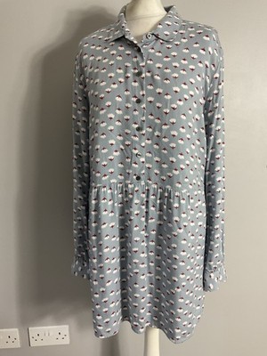 Boden tunic top pantone blue lotus flower Drop Hem Collared Long Sleeve UK 14 L