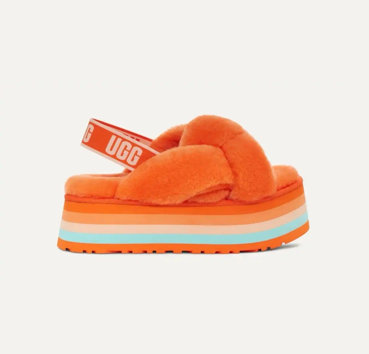 Sandali Ugg donna discoteca nodo slide taglia 7 arancioni fuzzy plateau slingback Y2K