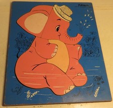 Vintage 1970's Playskool "Pink Elephant" Wooden Children's Puzzle Wood Tray 7pc