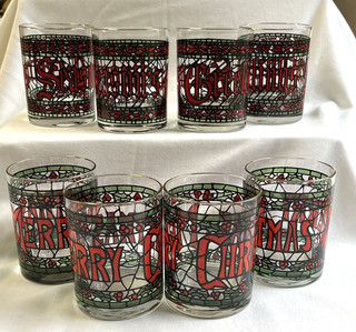 Set 8 Houze Merry Christmas Seasons Greetings Glasses Stained Glass MCM
