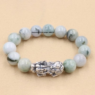 Glückliches massives 999 reines Silber Pixiu Armband 13 mm Jade Perlen - passt 16-17 cm Handgelenk