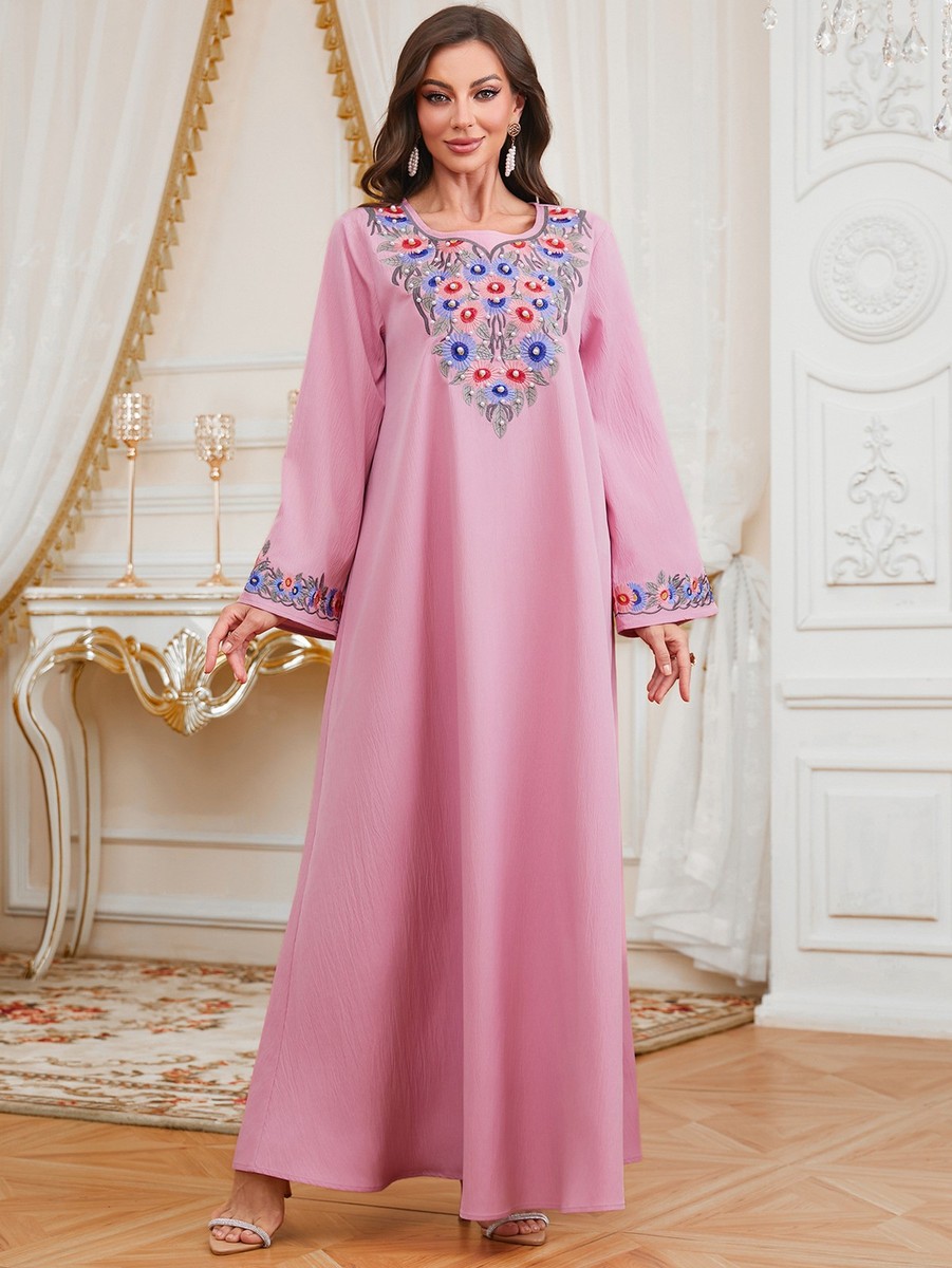 Women Ethnic Beaded Embroidery Kaftan Loose Muslim Maxi Long Dress
