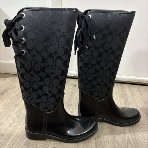 Stivali da pioggia Coach Tristee gomma tela rivestita stringati cravatta posteriore neri taglia 7B