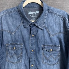 Wrangler Retro Premium Shirt XL Blue Chambray Denim Snap Yoke Western Cowboy