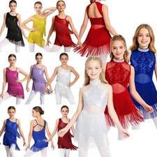 US Kids Girls Sequins Tassel Dance Dress Latin Jazz Ballet Salsa Rmba Costume