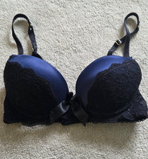 Navy/Black satin & lace balconette padded underwired bra - 32C