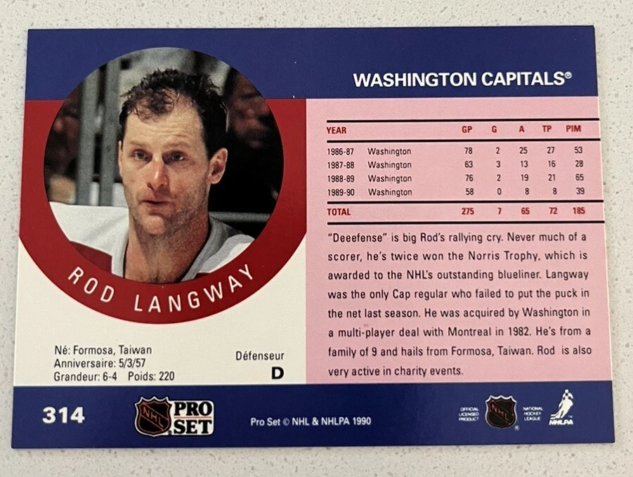 1990-91 Pro Set Rod Langway #314 HOF Washington Capitals Card - Image 2 of 2