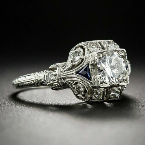 Art Deco Vintage Style 2Ct Lab Created Diamond & Sapphire 14K White Gold FN Ring