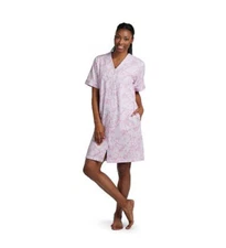 Miss Elaine Essentials Stretch Knit Short Snap Robe Pink Short Sleeve Pockets PS