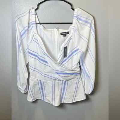 Express Women's NWT Faux Wrap Blue Stripe Peplum Blouse Size XS