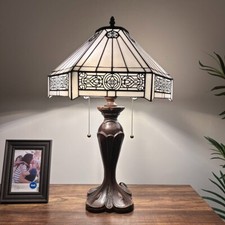 Tiffany Style Table Lamp White Stained Glass Hexagon LED Bulbs Include 24"H*16"W