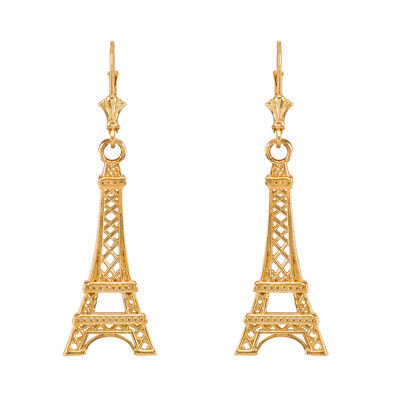 14k Solid Yellow Gold Paris Eiffel Tower France Souvenir Leverback Earrings  | eBay